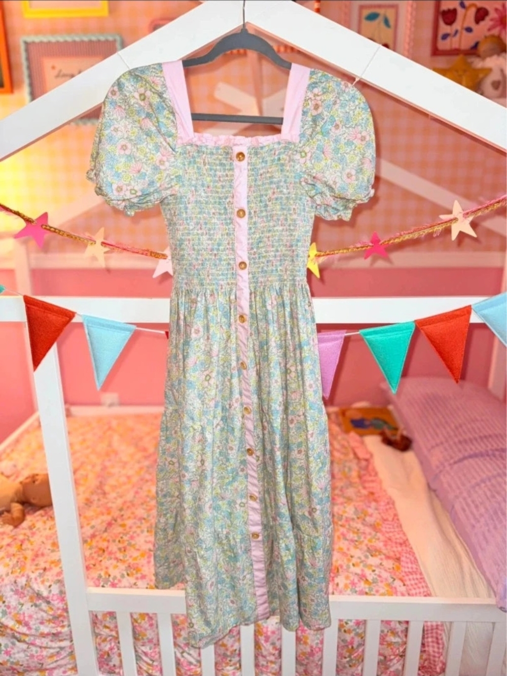 Womens Floral Puff-Sleeve Midi Dress with Pink Trim